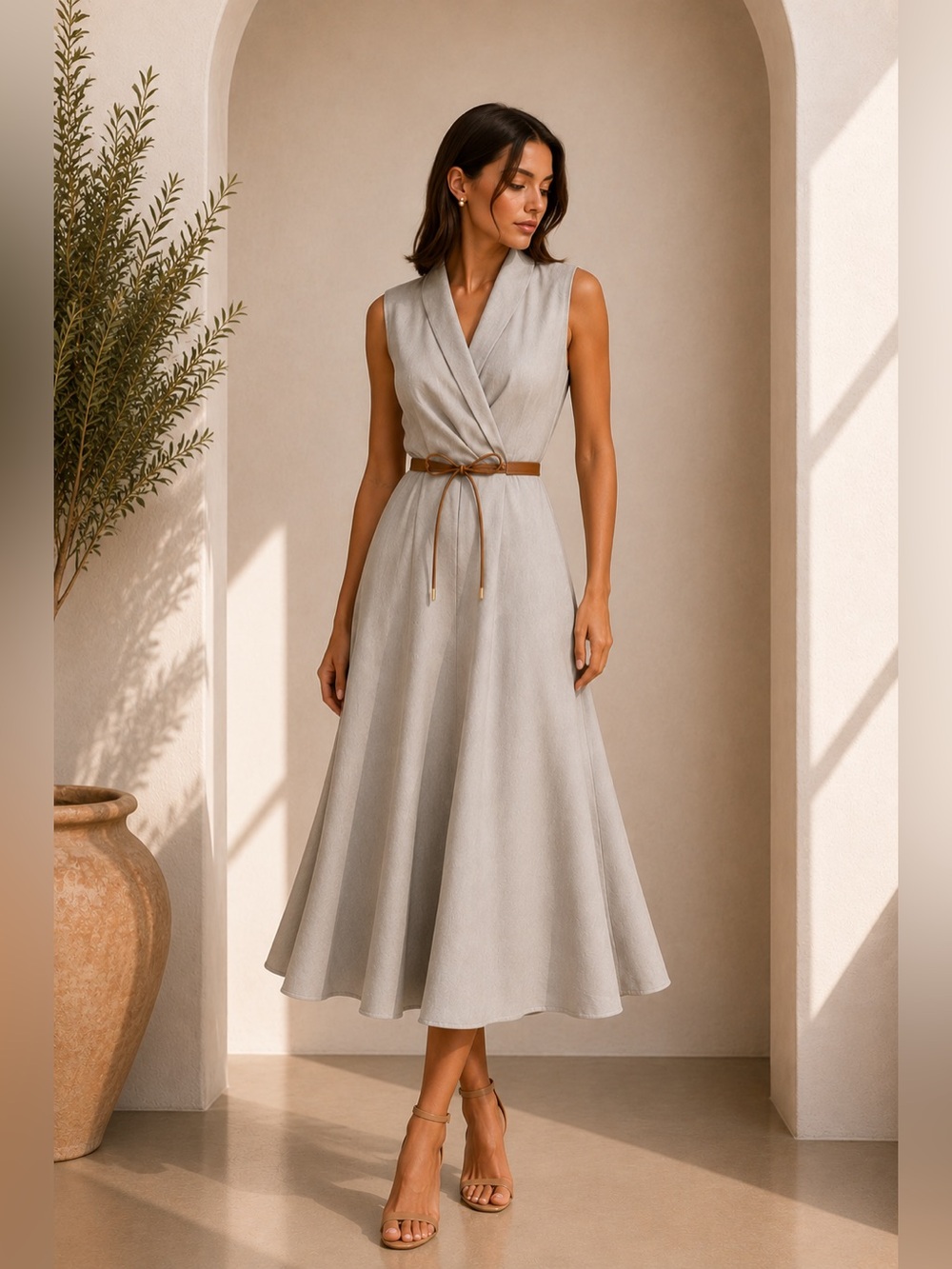 Commense Sleeveless Faux-Wrap Maxi Dress in Light Gray with Brown Tie